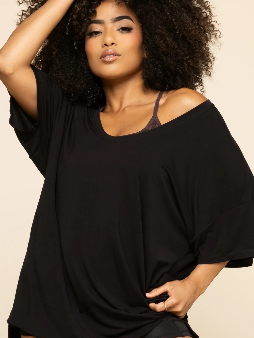POPFLEX Black Oversized Tee with Bra-Friendly Strap